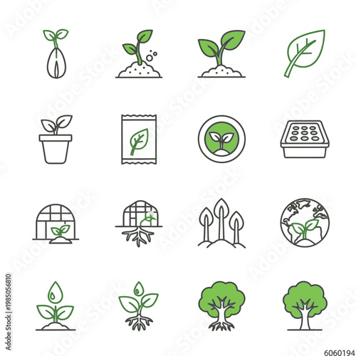 Greenhouse gardening plant icons set.