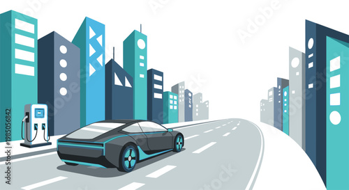 Electric car driving through modern city.