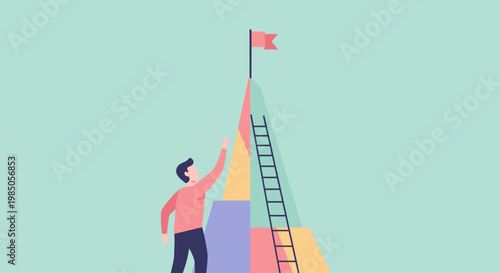 Man reaching for red flag on ladder.