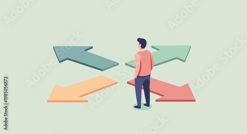 Man looking at colorful arrow signs.