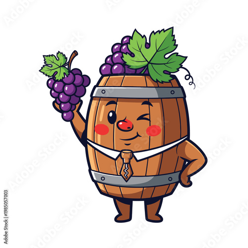 Wine Barrel Character Holding Grapes.