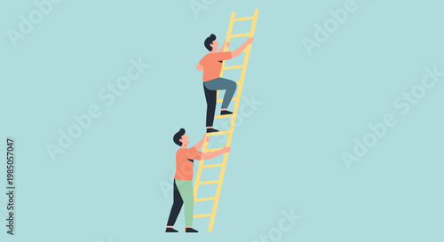 Two men climbing a ladder together.