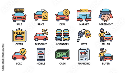 Colorful icons representing car sales concepts and transactions