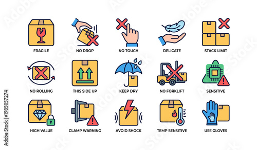 Shipping and handling icons highlighting fragile and sensitive item warnings