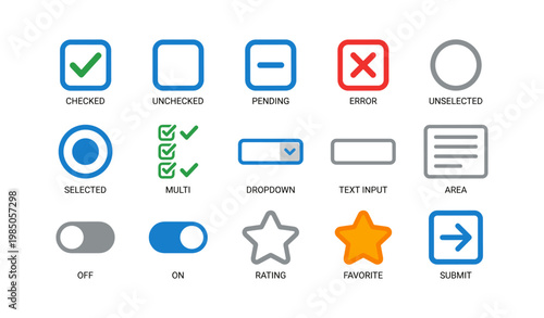 Ui icons set: checked, unchecked, pending, error, selected, multi, dropdown, text input, rating, submit