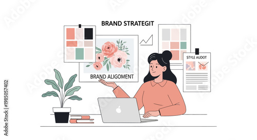 Brand strategy development: woman planning brand alignment with mood boards and laptop