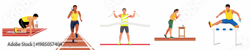 Set of track and field athletes in action, including starting blocks, relay running, crossing the finish line, hydrating, and hurdle jumping illustrations.