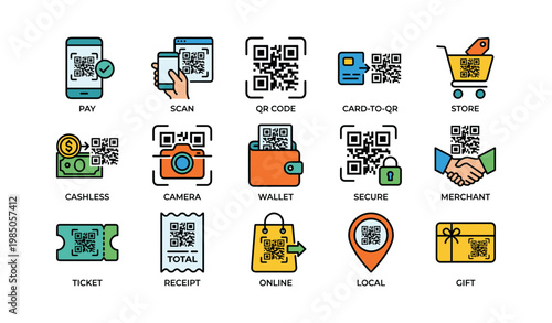 Icon set: pay, scan, qr code, wallet, merchant, gift, store, secure transaction