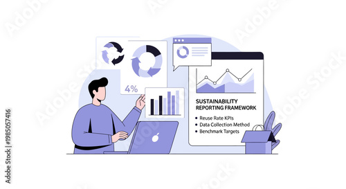 Business analyst presenting sustainability reporting framework with charts and laptop