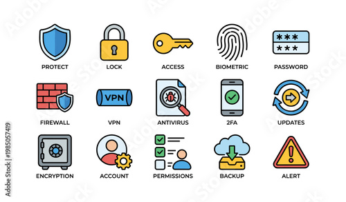 Cybersecurity icons set: shield, lock, key, biometric, password, vpn, antivirus, backup