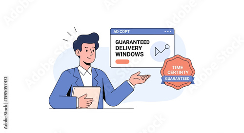 Business man presenting guaranteed delivery windows with time certainty badge