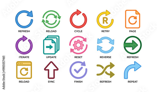 Colorful refresh and reload icons for website and app design featuring reset and sync symbols