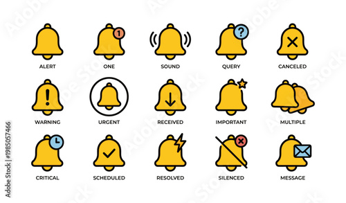 Set of notification bell icons: alert, urgent, resolved, message, silenced