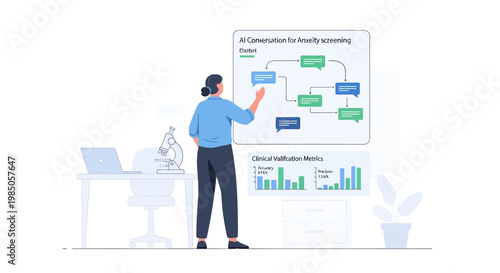Businesswoman presenting AI strategy flowchart on whiteboard, data analysis charts, modern office setting