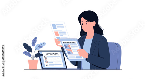 Businesswoman reviewing documents and working on laptop at desk, modern office