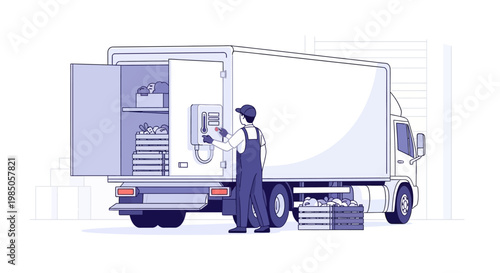 Delivery driver loading fresh produce into a refrigerated truck for transport