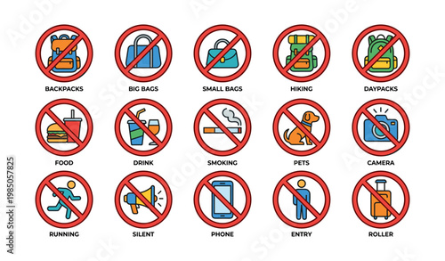 Prohibited items icons: backpacks, bags, smoking, pets, camera, phone, entry restrictions