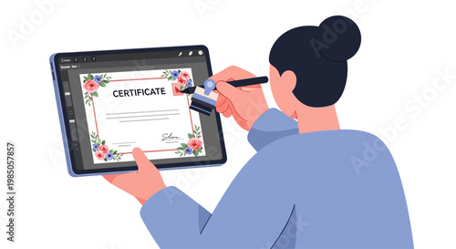 Designer creating digital certificate on tablet with stylus, floral border, modern graphic design