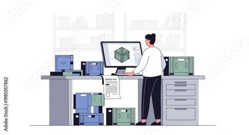 Designer works on 3D model of packaging box on computer, surrounded by boxes