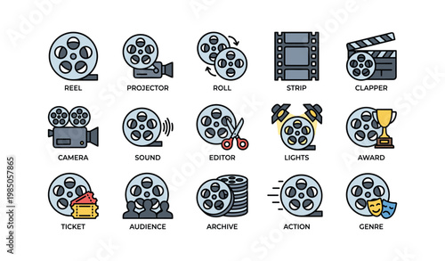 Film icons: projector, clapper, reel, camera, award, genre symbols