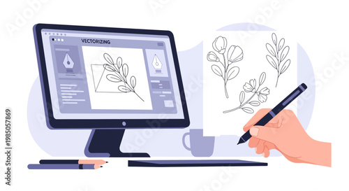 Digital art creation: hand drawing plant on tablet connected to computer with design software