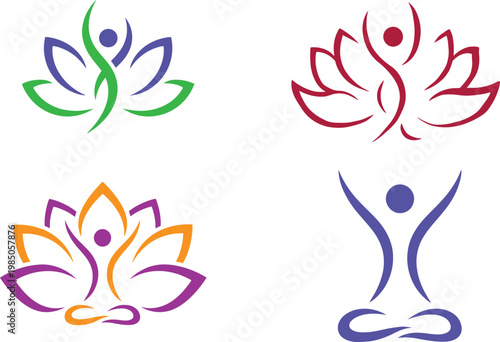 A modern collection of yoga and meditation logos featuring abstract human figures combined with lotus flower elements. Ideal for wellness brands, yoga studios, fitness centers, spa, mindfulness, and h