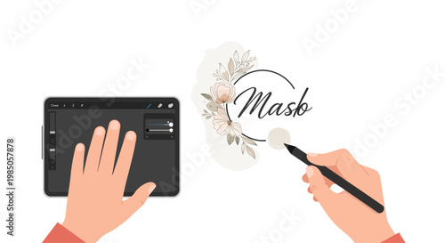 Digital Art Creation: Hands Using Tablet and Stylus for Floral Logo Design