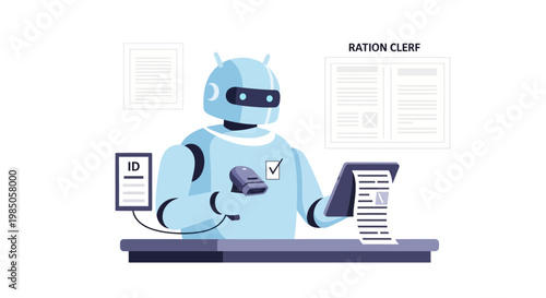 AI robot scanning document at counter, automation concept, digital transformation, data processing