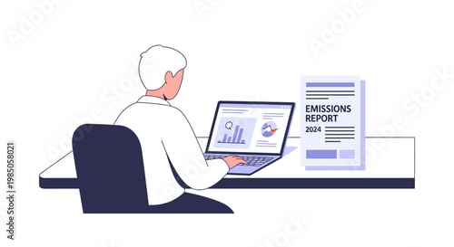 Analyst reviewing emissions report on laptop, data analysis, sustainability, environmental protection