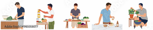 Series of flat vector illustrations showing young men preparing healthy meals with fresh vegetables, herbs, and ingredients for a balanced lifestyle.