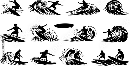 Surfing Silhouette, vector set of surfer silhouette, surf vector pack, water sports surfer, surfing board