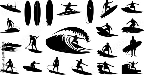 Surfing Silhouette, vector set of surfer silhouette, surf vector pack, water sports surfer, surfing board