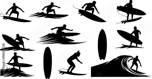 Surfing Silhouette, vector set of surfer silhouette, surf vector pack, water sports surfer, surfing board
