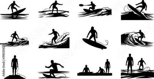 Surfing Silhouette, vector set of surfer silhouette, surf vector pack, water sports surfer, surfing board