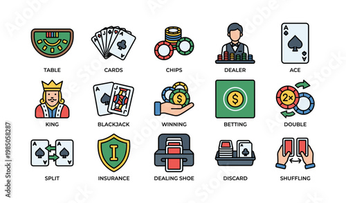 Casino icon set featuring cards, chips, dealer, and betting symbols