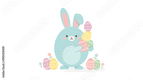 A cute blue Easter bunny holding a stack of colorful decorated eggs, surrounded by small flowers and more painted eggs, celebrating spring and the Easter holiday with joy