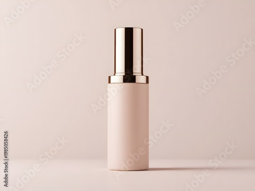 Elegant light pink cosmetic bottle with gold cap, ideal for modern beauty and skincare product photography