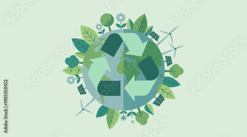 Green planet earth with recycling symbol, wind turbines, solar panels and plants symbolizing sustainable environment and eco-friendly living