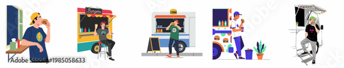 Collection of flat illustrations featuring young men enjoying hamburgers from various street food trucks and kiosks in an urban setting.