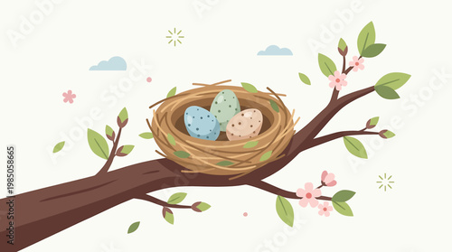 A whimsical illustration of a bird's nest cradling three colorful speckled eggs, perched on a branch adorned with delicate pink spring blossoms and fresh green leaves