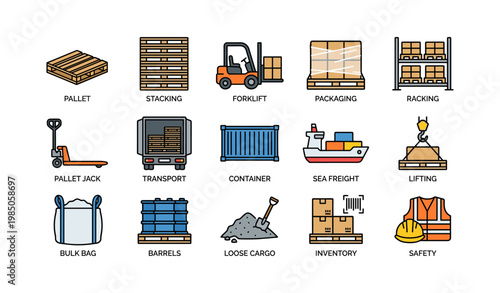 Warehouse icons: forklift, pallet, container, freight, safety equipment