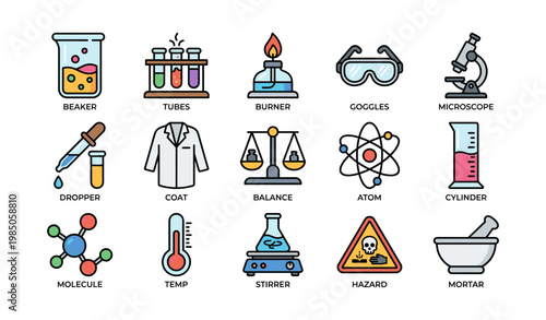 Colorful laboratory equipment icons - science tools and chemistry symbols