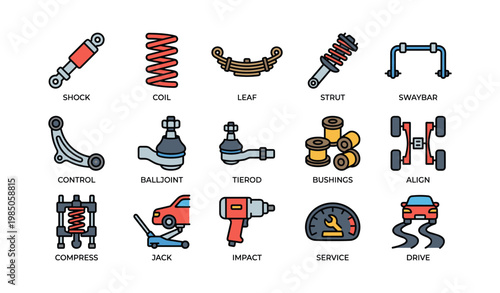Automotive suspension system components icons set