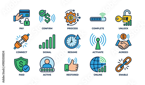 Colorful business process icons featuring payment, connectivity, and security