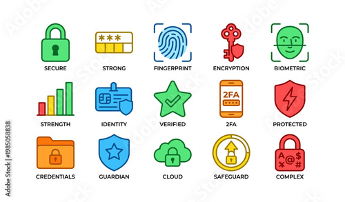 Colorful security icons featuring lock, fingerprint, biometric, and encryption symbols