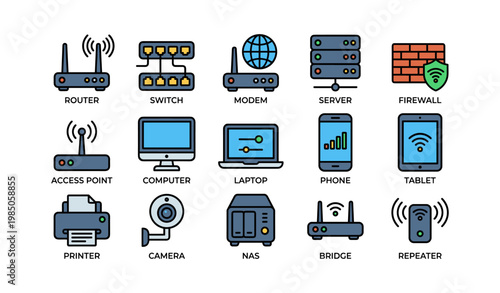 Network devices icons: router switch modem server firewall