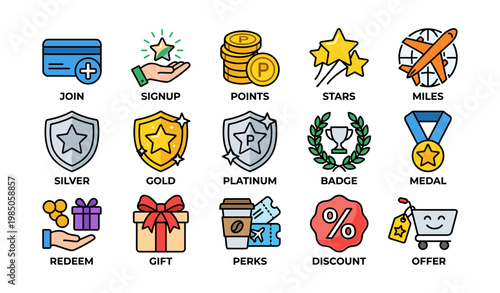 Rewards program icons: join, signup, points, stars, miles, silver, gold, platinum, badge, medal