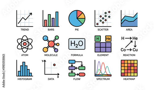 Colorful scientific chart and diagram icons for data analysis and research