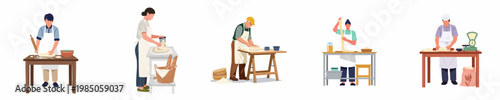Set of diverse bakers and pastry chefs working with dough in a bakery kitchen, flat vector illustration isolated on white background.