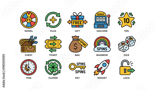 Colorful casino-themed icons collection featuring slot machine and lucky symbols